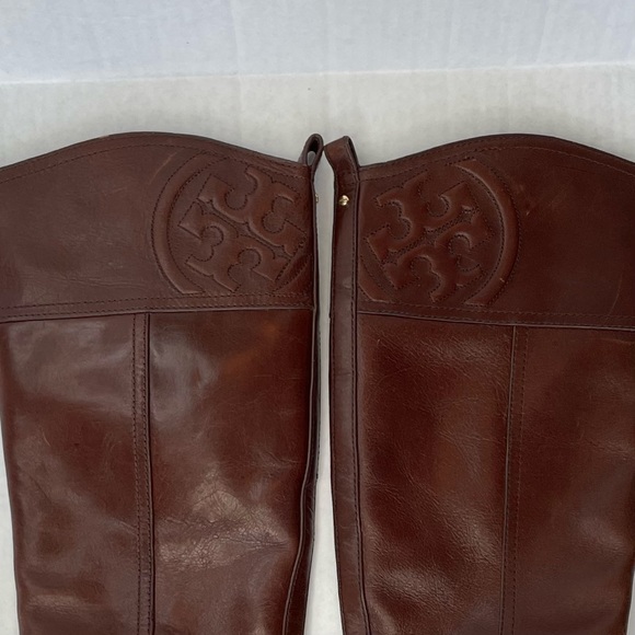EUC Tory Burch Marlene leather tall riding brown logo boots - Picture 7 of 8